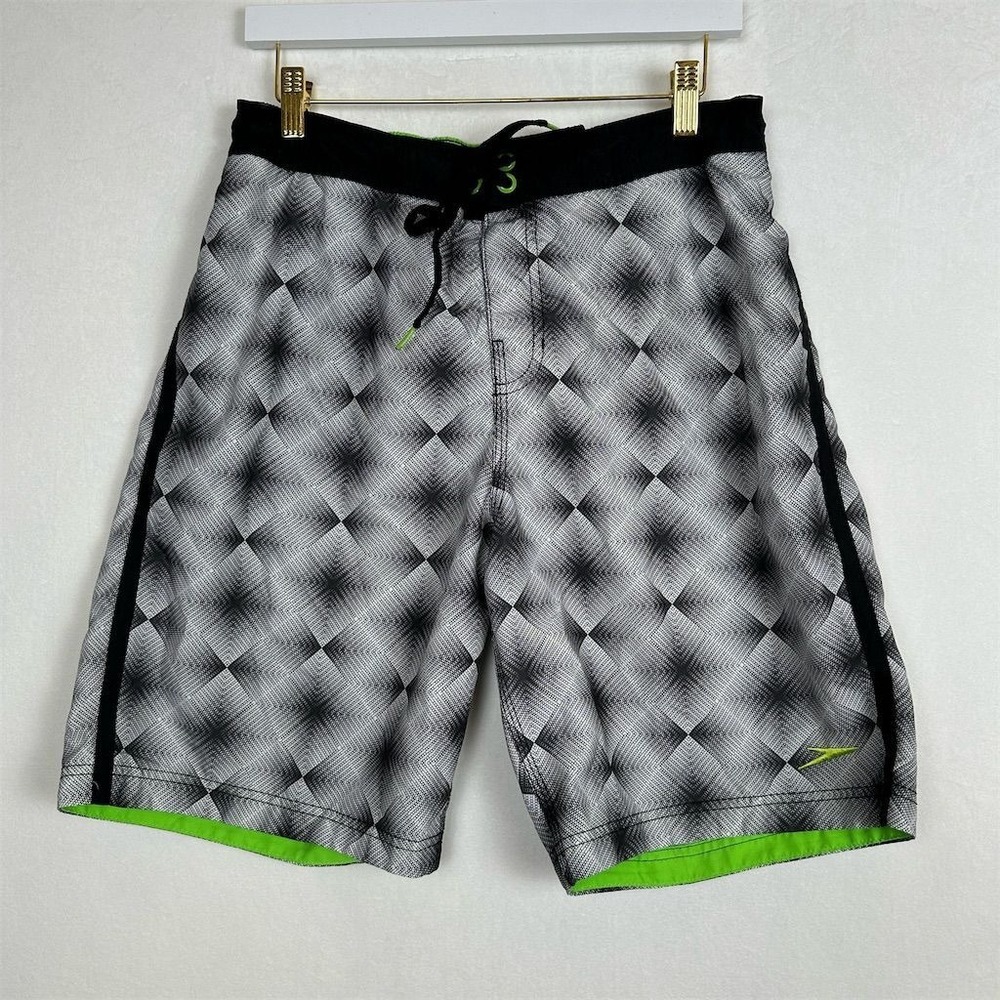 Speedo Mens Swim Trunks Size S Black Gray Geometric Neon Green Summer Beach